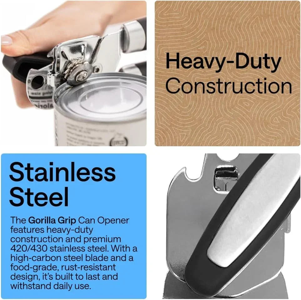 Heavy-duty stainless steel can opener with Gorilla Grip, ideal for kitchen tools and everyday use