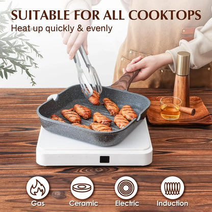 Nonstick Grill Pan for Stove Tops, Versatile Griddle with Pour Spouts, Square Big Cooking Surface, Durable Skillet Indoor & Outdoor Grilling. PFOA Free, 9.5 Inch