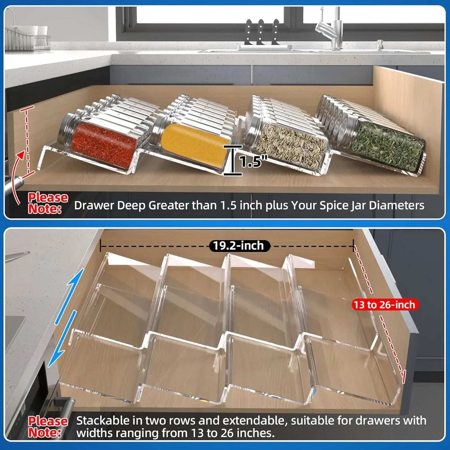 Clear Acrylic Spice Drawer Organizer, 4 Tier- 2 Set Expandable from 13" to 26" Drawer Seasoning Organizer, Kitchen Spice Rack Tray for Drawer/Countertop (Jars Not Included)