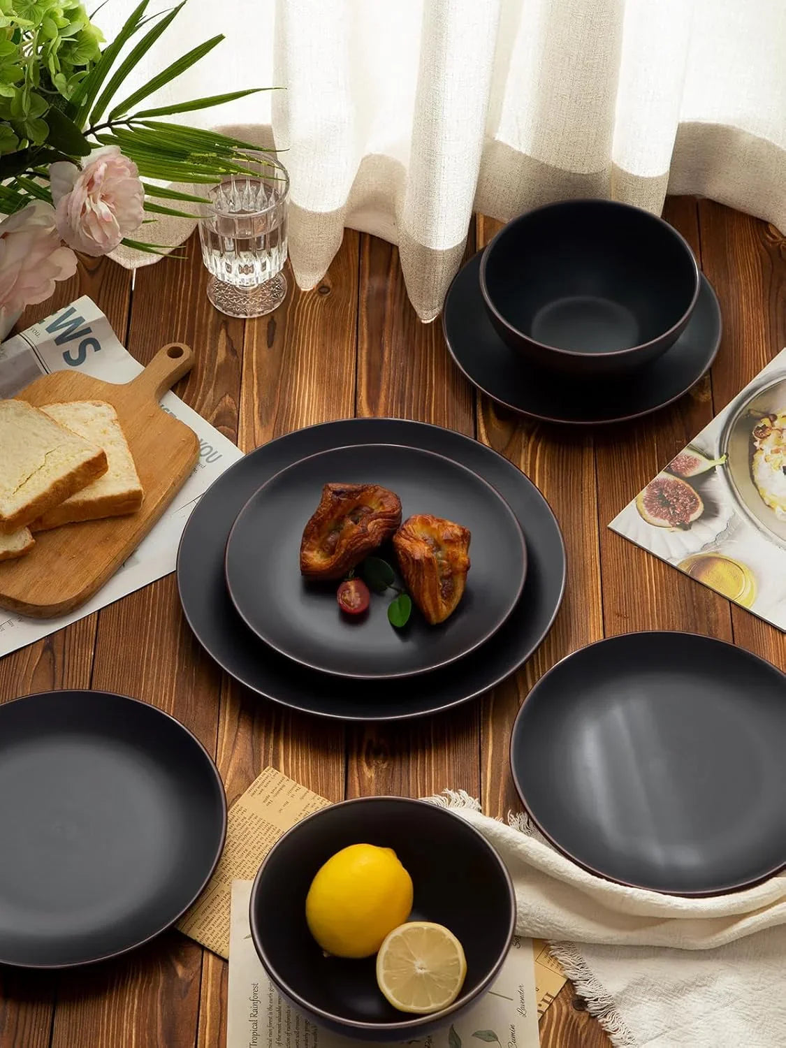 Venus Plates and Bowls Sets, 12 Pieces Stoneware Chip Resistant Dinnerware Dishes Set for 4, Matte Black - Microwave & Dishwasher Safe, Modern Minimalist, for Everyday Meals & Formal Dining