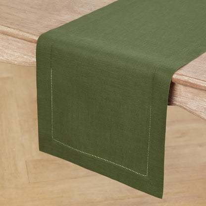 Linen Olive Table Runner 90 Inches Long - 100% Pure Linen 14 X 90 Inch Table Runner - Classic Hemstitch
