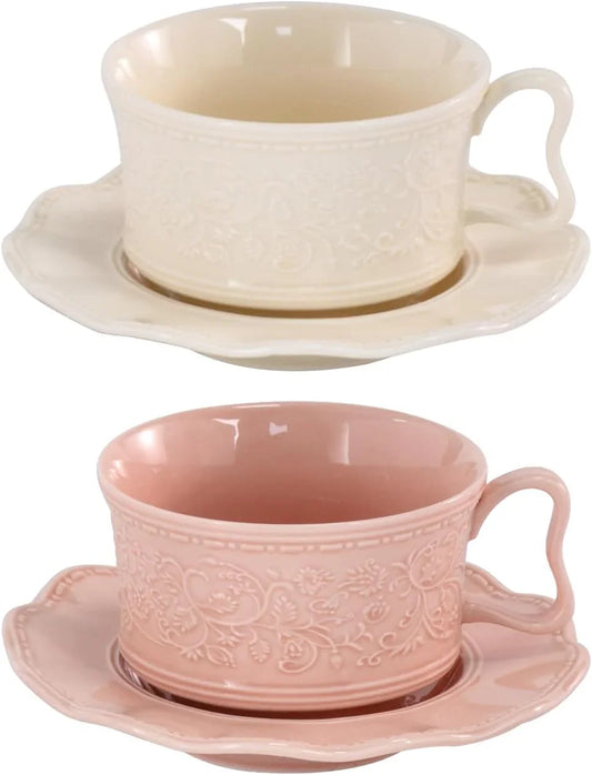 Tea Cups and Saucers Set of 2, 7Oz Porcelain Coffee Cups with Saucers, Ceramic Espresso Mugs for Coffee, Latte, Americano, Tea, Elegant Teacup and Saucer (YFH1+2)