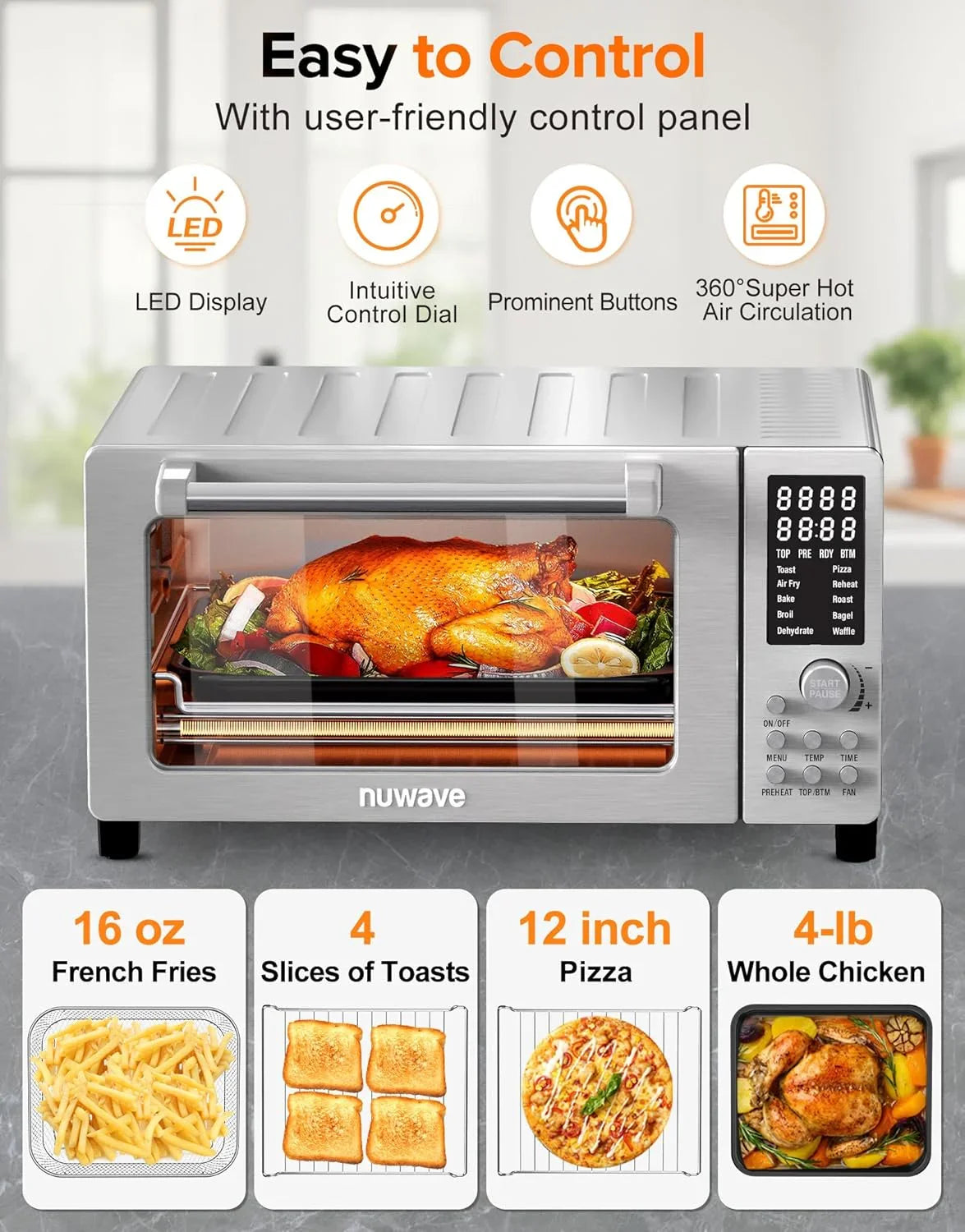 Bravo Pro Smart 21QT Toaster Oven Air Fryer Combo, Convection Oven Countertop, 10 Functions All in 1, with Even & Quick Crisp Technology, 50-450°F, 1800W, Stainless Steel