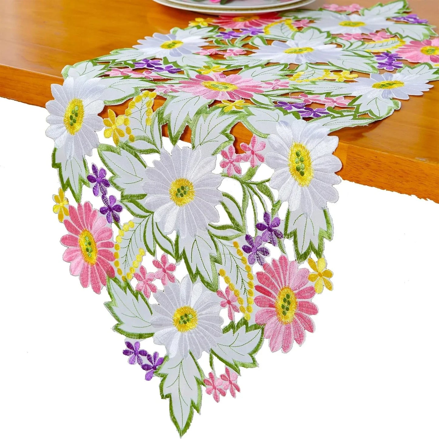 Spring Daisy Table Runners Embroidered Flowery Table Linen for Home Decoration 13 X 34 Inch