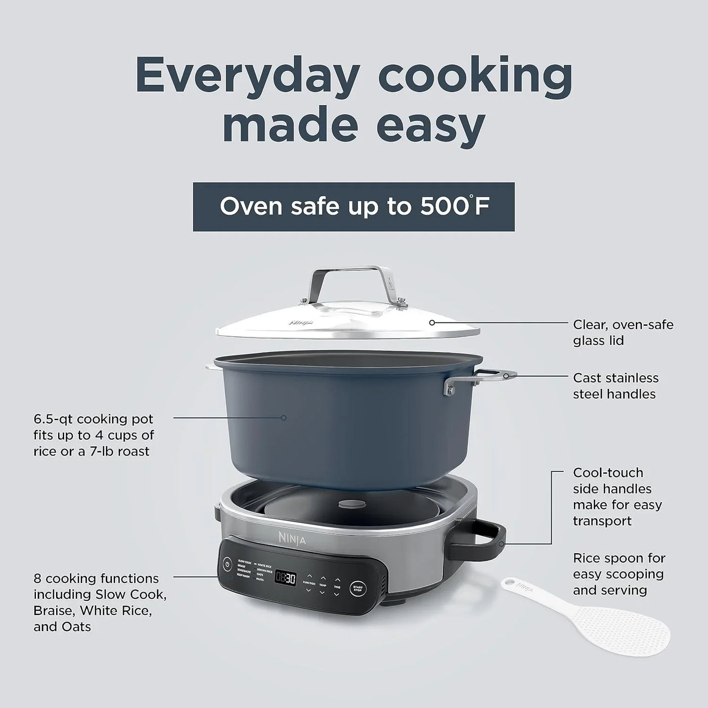 MC1101 Foodi Everyday Possible Cooker Pro, 8-In-1 Versatility, One-Pot Faster Cooking Replaces 10 Tools, Family-Sized Capacity with Adjustable Temp Control, 6.5 Quarts, Midnight Blue