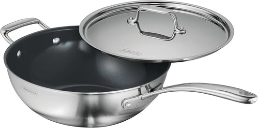 Utsava Tri-Ply Clad Stainless Steel 3.75-Quart Wok with Lid and Ceramic Non Stick Interior, Induction-Ready Cooking Pan