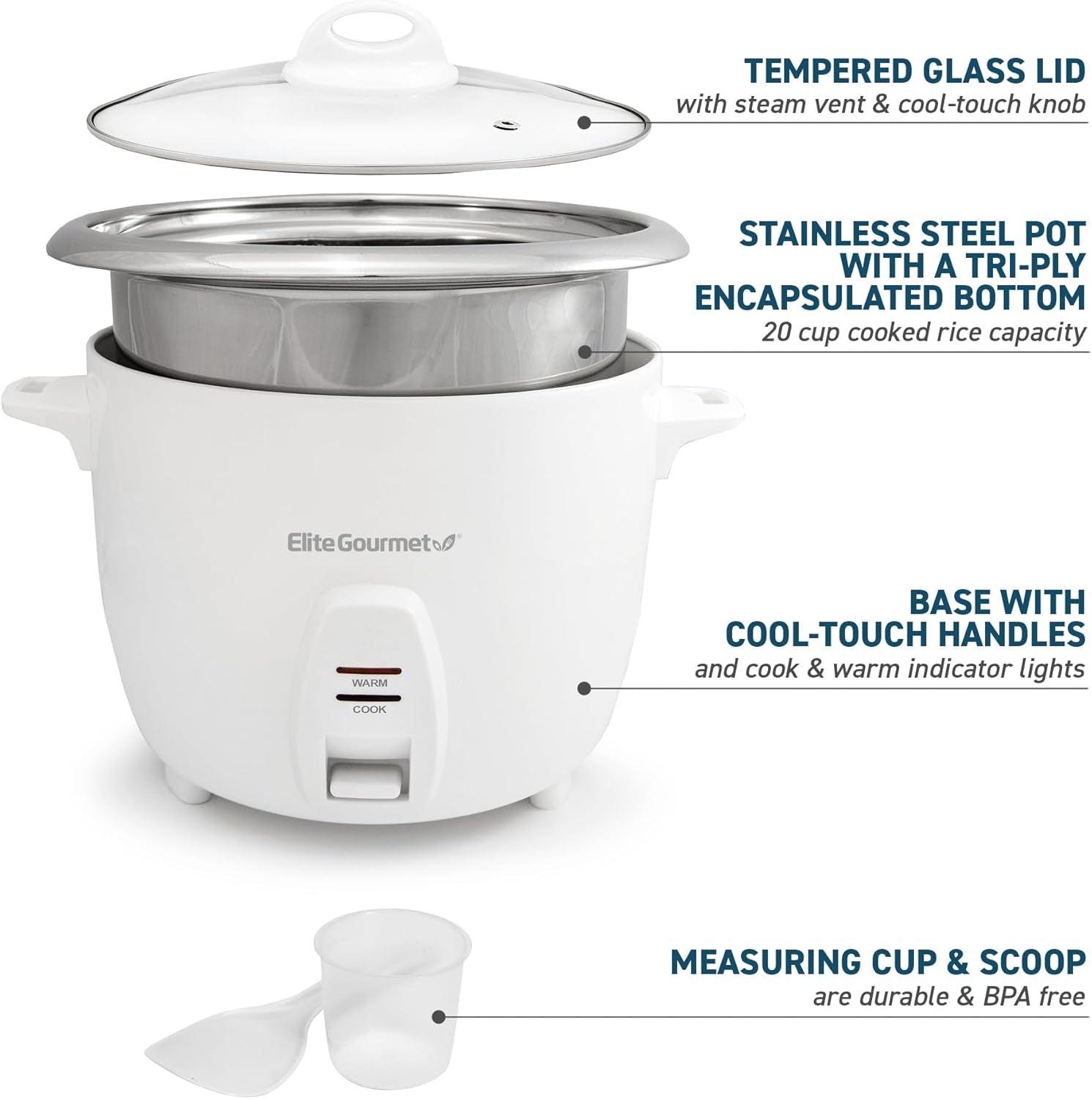 ERC-2020 Electric Rice Cooker with Stainless Steel Inner Pot Makes Soups, Stews, Grains, Cereals, Keep Warm Feature, 20 Cups Cooked (10 Cups Uncooked), White