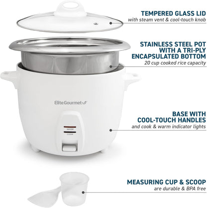 ERC-2020 Electric Rice Cooker with Stainless Steel Inner Pot Makes Soups, Stews, Grains, Cereals, Keep Warm Feature, 20 Cups Cooked (10 Cups Uncooked), White