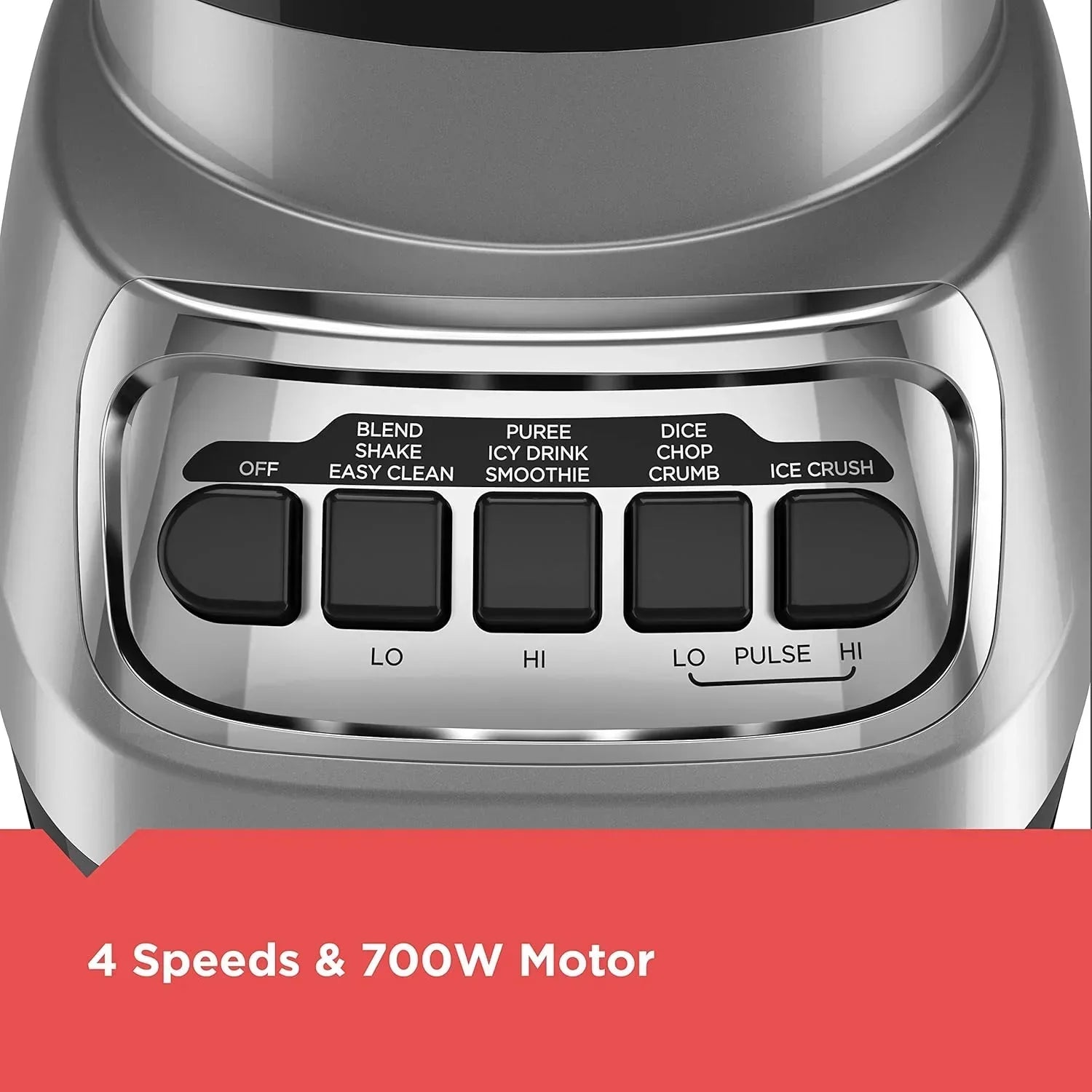 Stainless steel blender with 4 speeds, 700W motor, and preset buttons for blend, puree, dice, and ice crush.