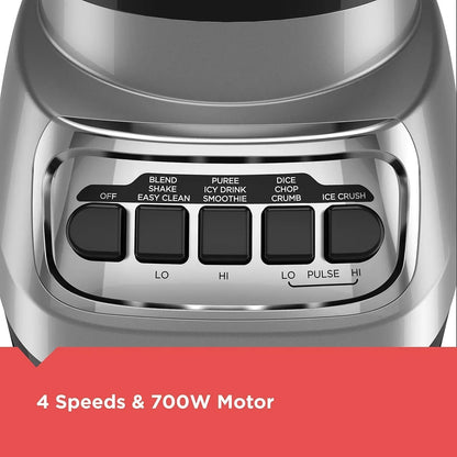 Stainless steel blender with 4 speeds, 700W motor, and preset buttons for blend, puree, dice, and ice crush.