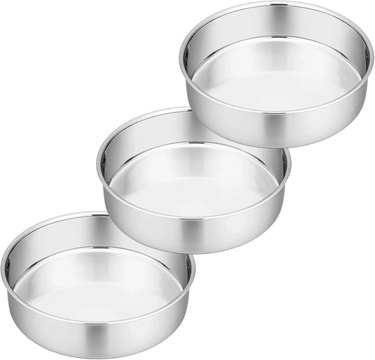 8 Inch round Cake Pan Set of 3, Stainless Steel round Baking Layer Pans Bakeware for Layer Birthday Cake, Fit Oven/Pots/Pressure Cooker, Leakproof & Dishwasher Safe, Silver