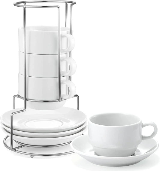 4 Oz Espresso Cups with Saucers and Metal Stand, Porcelain Stackable Coffee Cappuccino Cups Set of 4, White