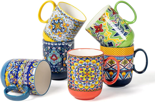 Boho Ceramic Coffee Mugs Set of 6 – 14 Oz Porcelain Cups for Latte, Cappuccino, Tea & Cocoa – Microwave & Dishwasher Safe