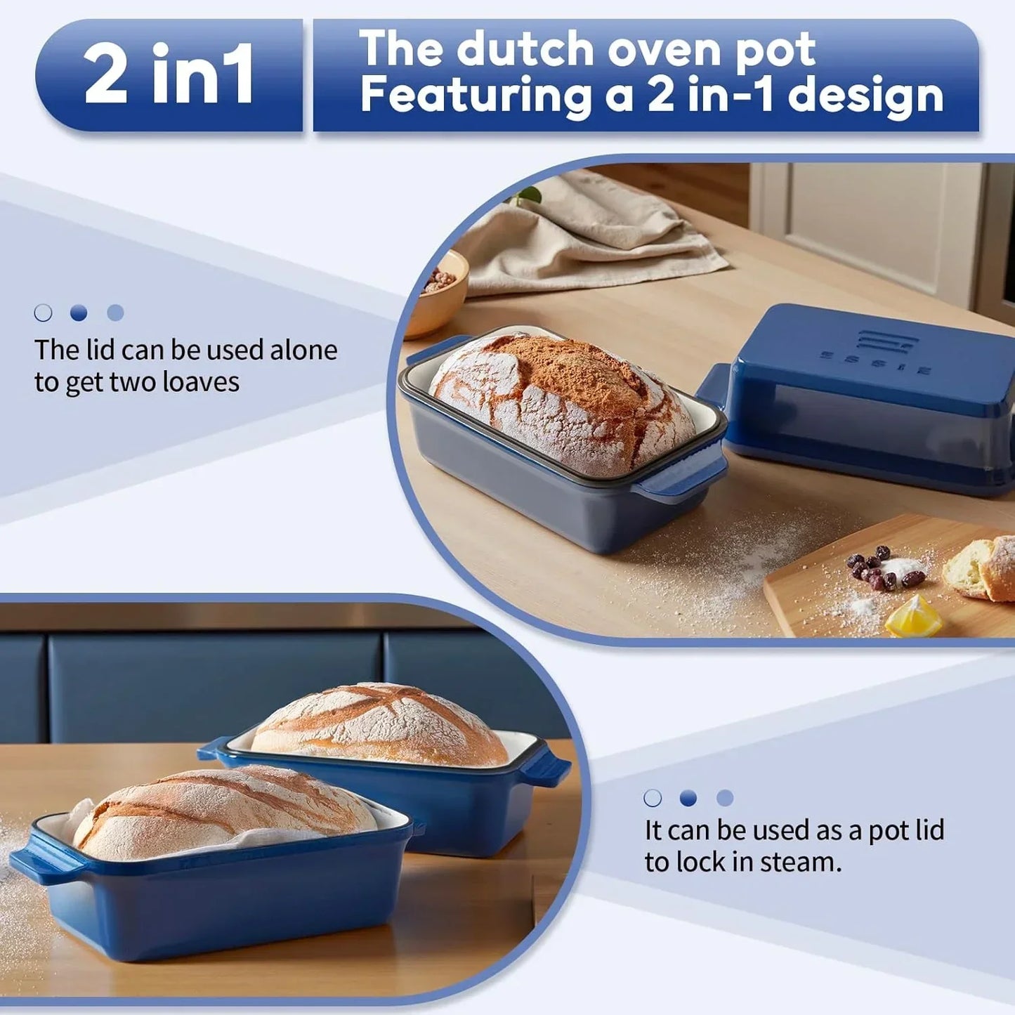 Blue 2-in-1 Dutch oven pot with bread loaves, ideal for baking and steaming in kitchen