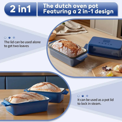 Blue 2-in-1 Dutch oven pot with bread loaves, ideal for baking and steaming in kitchen