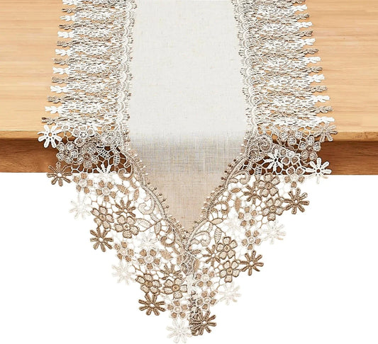 Natural Neutral Earth Tones Beige Floral Lace Table Runner Dresser Scarf 36 Inches Long for Home Decor (16” X36”, Natural)