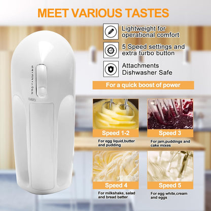 5-Speed Electric Hand Mixer, 4 Large Mixing Bowls Set, Handheld Mixers with Whisks Beater, Stainless Steel Metal Nesting Bowl Measuring Cups Spoons Kitchen Cake Blender for Baking Supplies