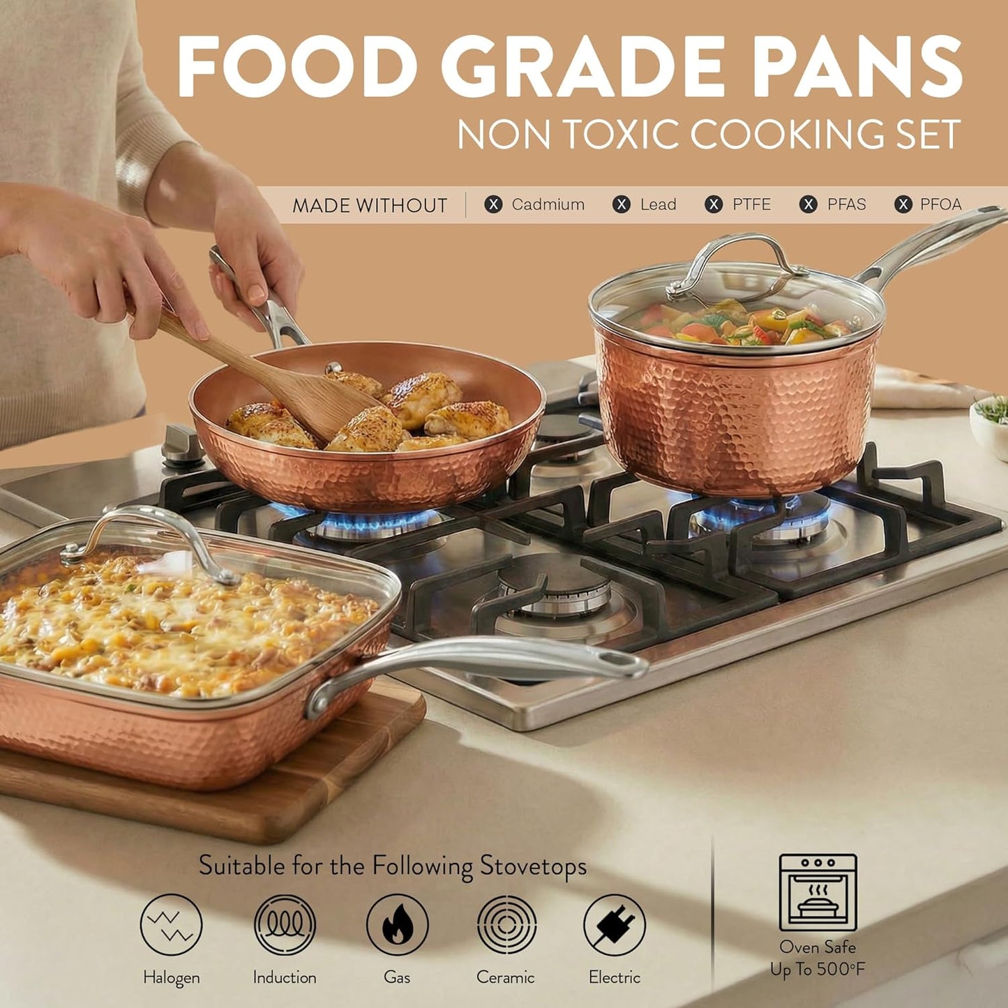 Hammered 20 Pc Ceramic Cookware Set Nonstick, True Ceramic Pots and Pans Set Non Stick with Deep Square Pan Set & Bakeware Set, Non Toxic PFOA PFOS Free, Oven & Dishwasher Safe