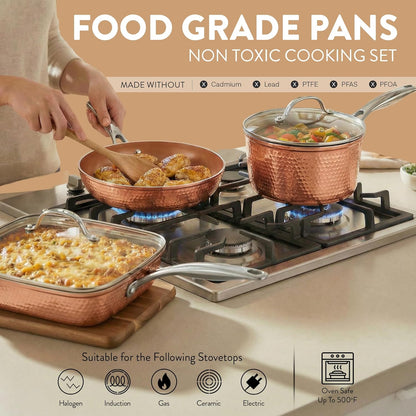 Hammered 20 Pc Ceramic Cookware Set Nonstick, True Ceramic Pots and Pans Set Non Stick with Deep Square Pan Set & Bakeware Set, Non Toxic PFOA PFOS Free, Oven & Dishwasher Safe