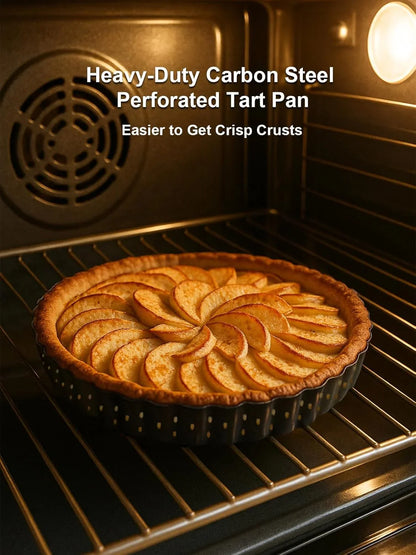 9 Inch Perforated Tart Pan for Crispy Crust W/Cake Server. Removable Bottom, Non-Stick Coating, Rugged Carbon Steel for Tart Quiche Pie Baking. Gift for Christmas Thanksgiving Party