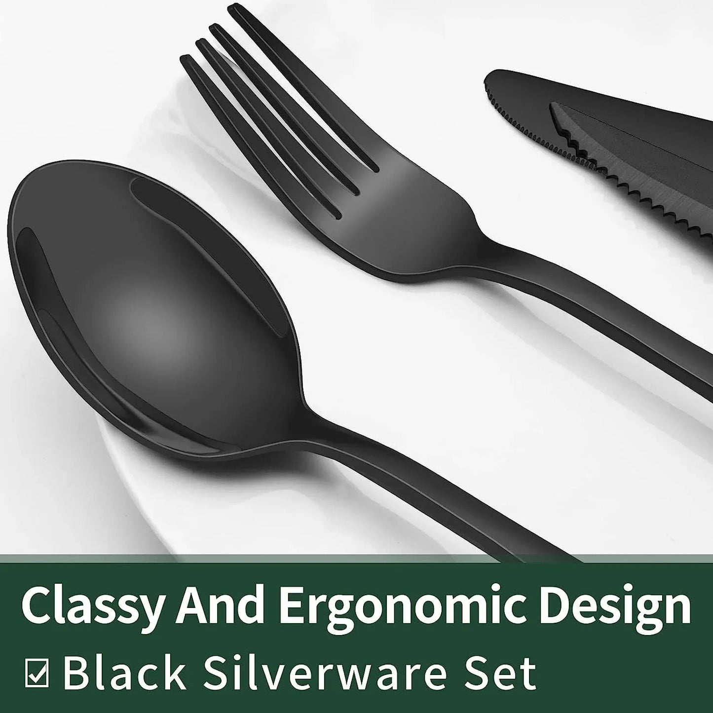 24-Piece Black Silverware Set with Steak Knives, Black Flatware Set for 4, Food-Grade Stainless Steel Tableware Cutlery Set, Mirror Finished Utensil Sets for Home Restaurant, round Edge