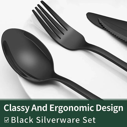 24-Piece Black Silverware Set with Steak Knives, Black Flatware Set for 4, Food-Grade Stainless Steel Tableware Cutlery Set, Mirror Finished Utensil Sets for Home Restaurant, round Edge