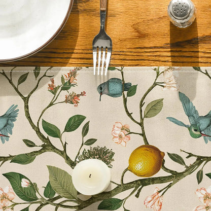 Brown Lemon Tree Bird Flower Summer Table Runner,Spring Kitchen Dining Table Decoration for Home Party Decor 13X72 Inch