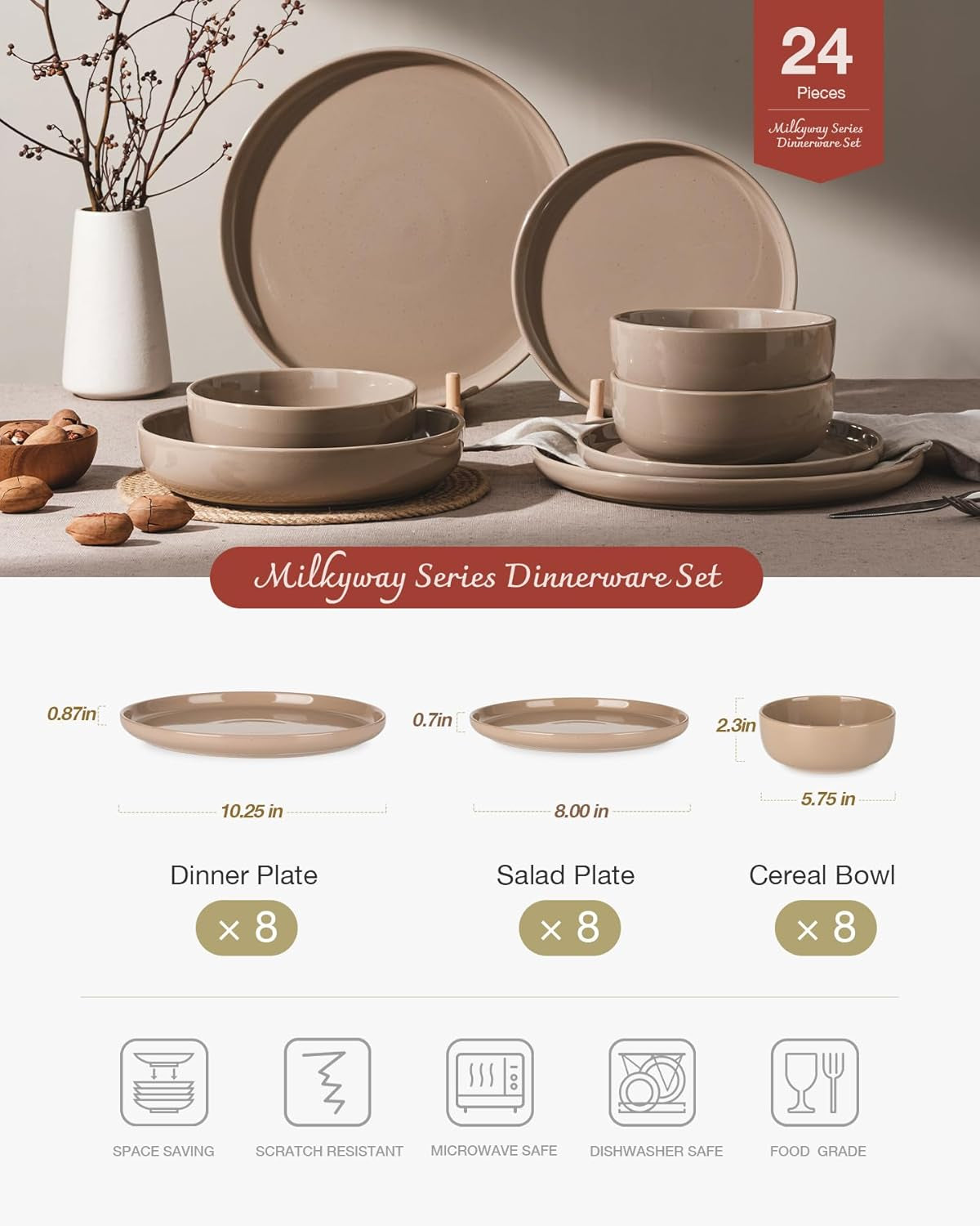 Milkyway Dinnerware Sets, 24 Piece Dish Set, Plates and Bowls Sets for 8, Cinnamon Brown