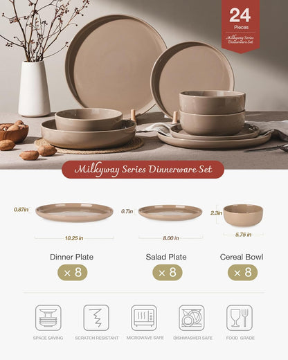 Milkyway Dinnerware Sets, 24 Piece Dish Set, Plates and Bowls Sets for 8, Cinnamon Brown