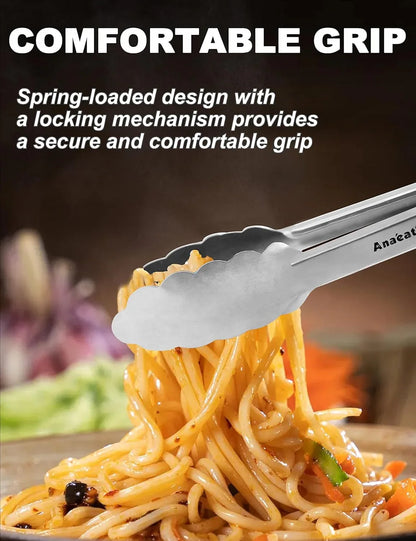 Premium Kitchen Locking Tong Set of 3 - Heavy Duty Stainless Steel Food Tongs with Long Handle & Non-Slip Silicone Grip for Cooking, Baking, Grilling - Heat Resistant up to 480°F