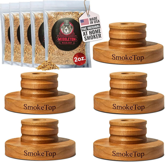 Smoketop® Cocktail Smoker Kit 5 Pack - Old Fashioned Chimney Drink Smoker for Cocktails, Whiskey, & Bourbon with 2Oz Sample Wood Chips - by Middleton Mixology