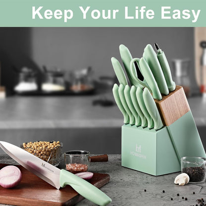 Knife Set,  15 Pieces Kitchen Knife Set with Built in Knife Sharpener, High Carbon German Stainless Steel Knife Block Set, Hand Wash Safe Knives Set, Green