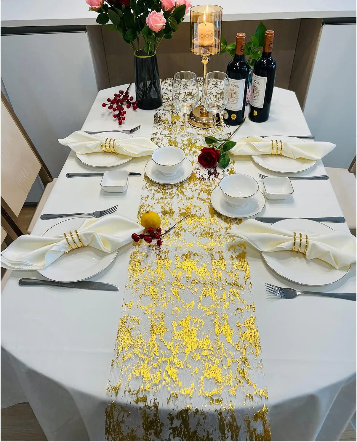 Gold Table Runner 11 Inch X 100 Feet Inches, Glitter Metallic Mesh Gold Runner Roll Table Decorations for Wedding, Baby Shower, Birthday, Christmas