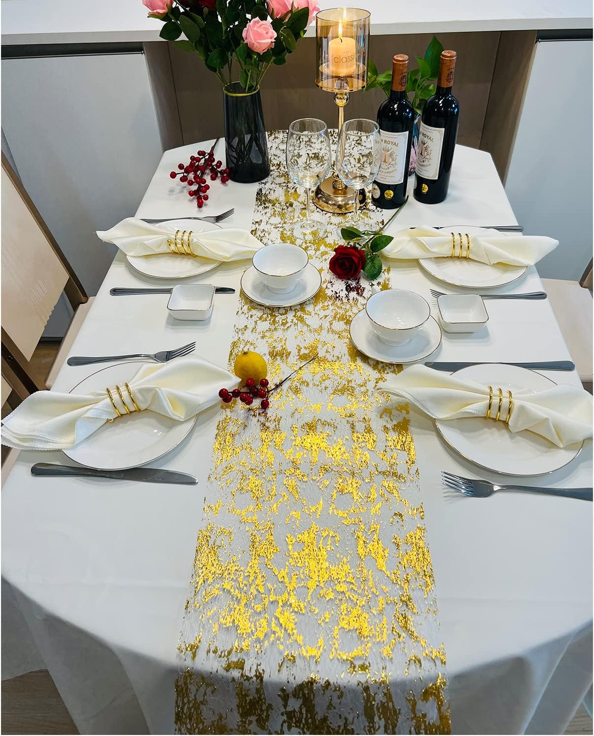 Gold Table Runner 11 Inch X 100 Feet Inches, Glitter Metallic Mesh Gold Runner Roll Table Decorations for Wedding, Baby Shower, Birthday, Christmas