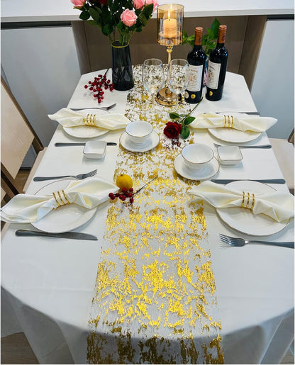 Gold Table Runner 11 Inch X 100 Feet Inches, Glitter Metallic Mesh Gold Runner Roll Table Decorations for Wedding, Baby Shower, Birthday, Christmas