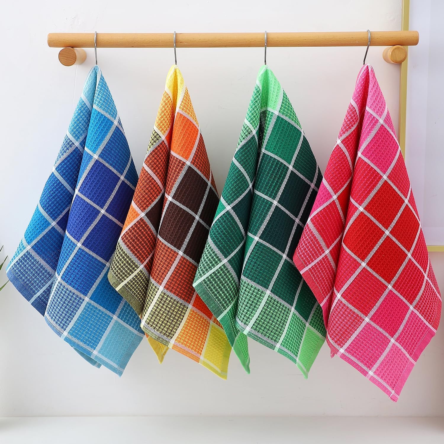Bright Large Kitchen Towels, 4-Pack, 16 Inch X 26 Inch Buffalo Check Dish Towels for Washing Drying Dishes, Colorful Waffle Design Tea Towel Bar Towel, Buffalo