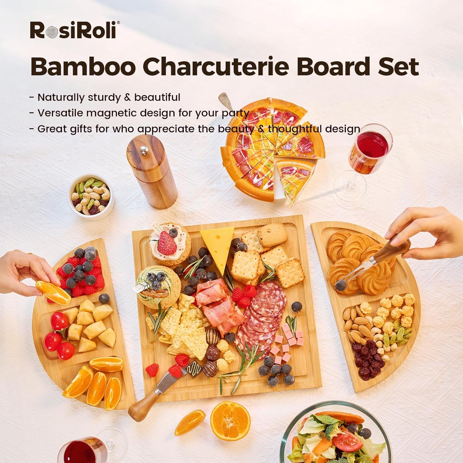 Charcuterie Board and Serving Set -Natural Bamboo Cheese Board Snack Tray Set with Magnetic - House Warming Gifts New Home, Wedding Gift for Couple, Bridal Shower Gift, Perfect for Party