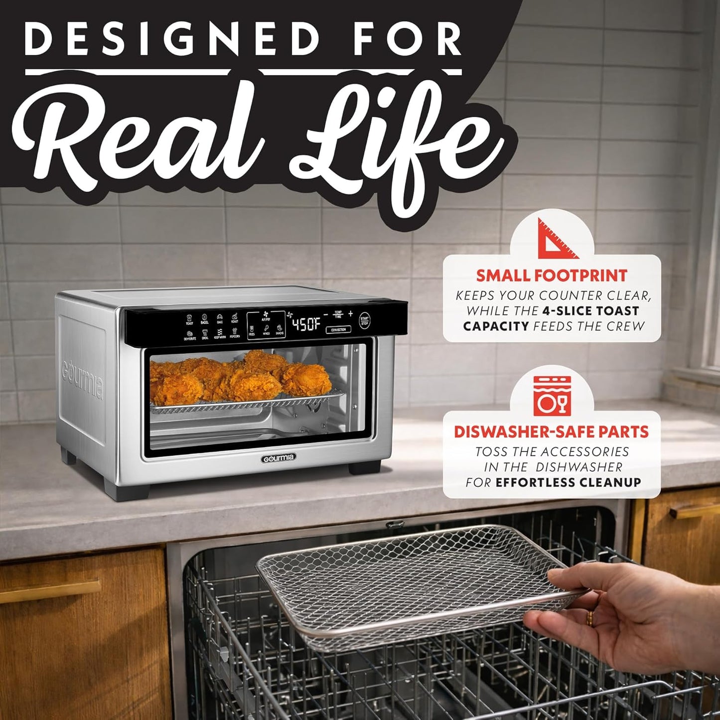 Toaster Oven Digital Air Fryer - Convection Mode with 4 Slice Capacity, 3 Rack Positions, 12 Presets, Toast, Bagel, Bake, Roast, Broil, Dehydrate, Popcorn, Fits 9" Pizza, Stainless Steel