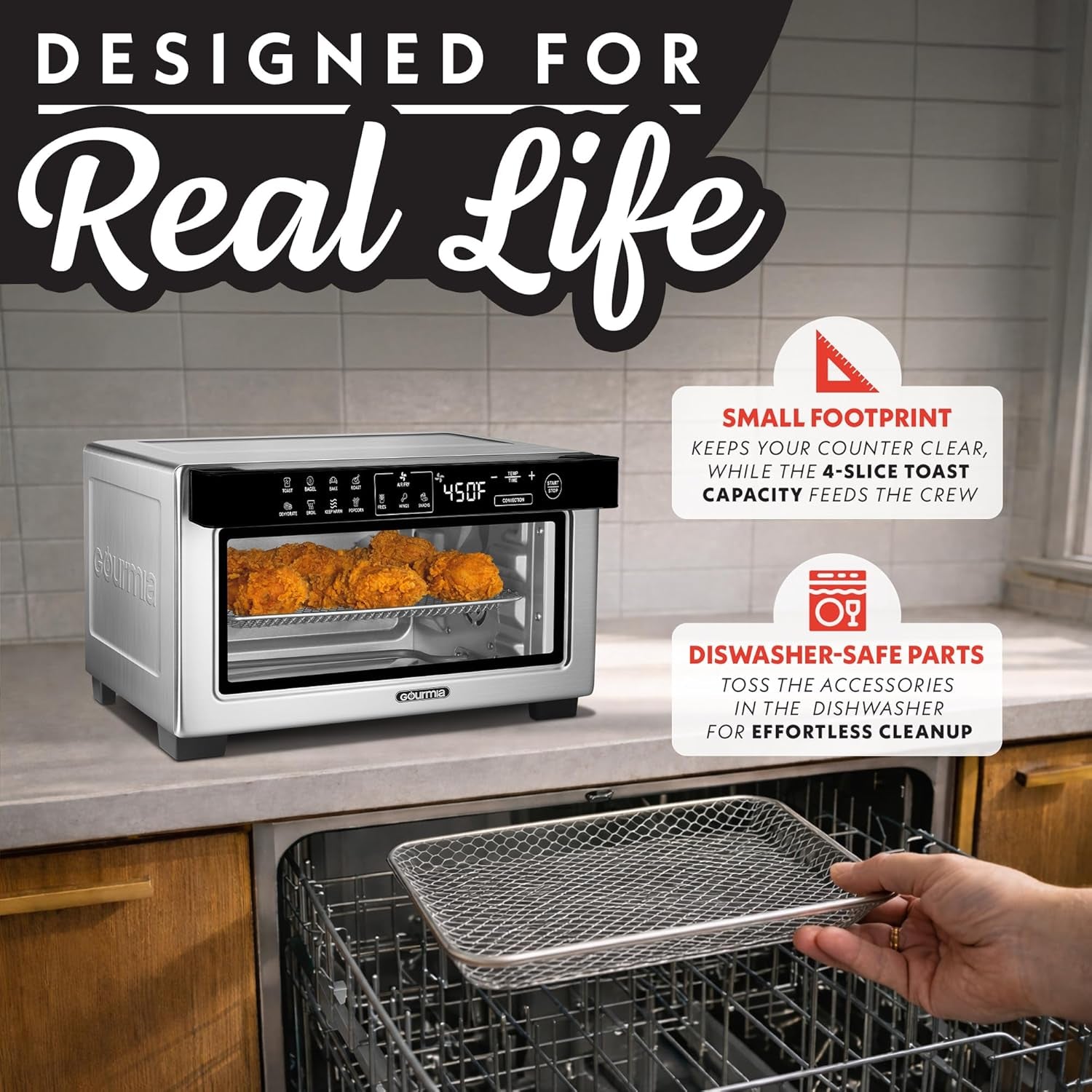 Toaster Oven Digital Air Fryer - Convection Mode with 4 Slice Capacity, 3 Rack Positions, 12 Presets, Toast, Bagel, Bake, Roast, Broil, Dehydrate, Popcorn, Fits 9" Pizza, Stainless Steel