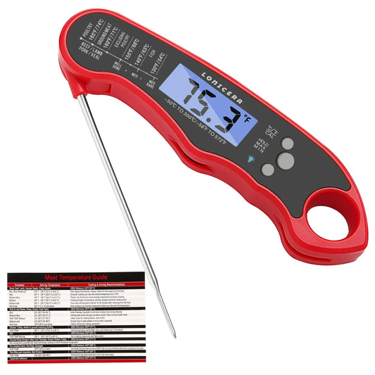 Meat Thermometer Digital for Cooking Food. Waterproof & Instant Read for Kitchen Baking, BBQ. with Foldable Probe, Backlight & Calibration (Red)