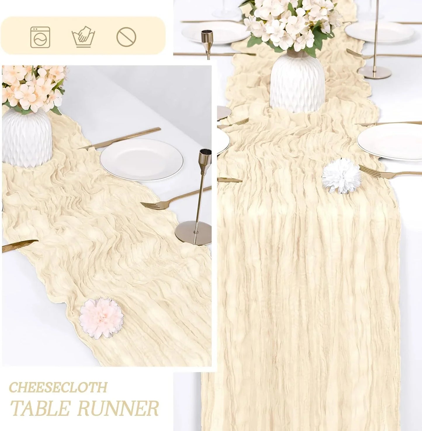 3 Pack Ivory Cheesecloth Table Runner 17X108 Inch Semi Sheer Boho Gauze Cheese Cloth Fabric Table Runners Table Decor for Wedding Party Baby Shower Birthday Home Decor Garden Farmhouse