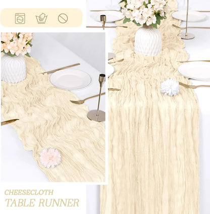 3 Pack Ivory Cheesecloth Table Runner 17X108 Inch Semi Sheer Boho Gauze Cheese Cloth Fabric Table Runners Table Decor for Wedding Party Baby Shower Birthday Home Decor Garden Farmhouse