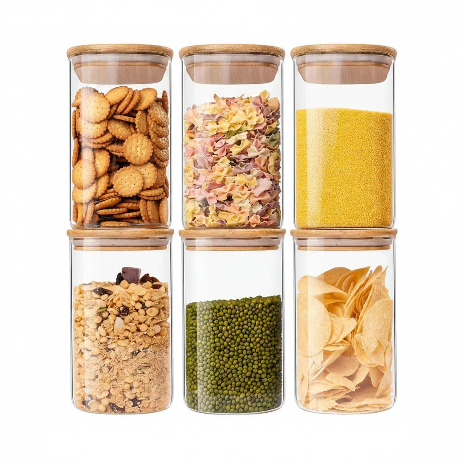 Glass Food Storage Jars 37 Oz Set of 6,Glass Storage Containers Clear Glass Food Canister with Bamboo Lid Airtight for Serving Tea, Coffee, Flour, Sugar, Candy, Cookie, Spice and More (Square)