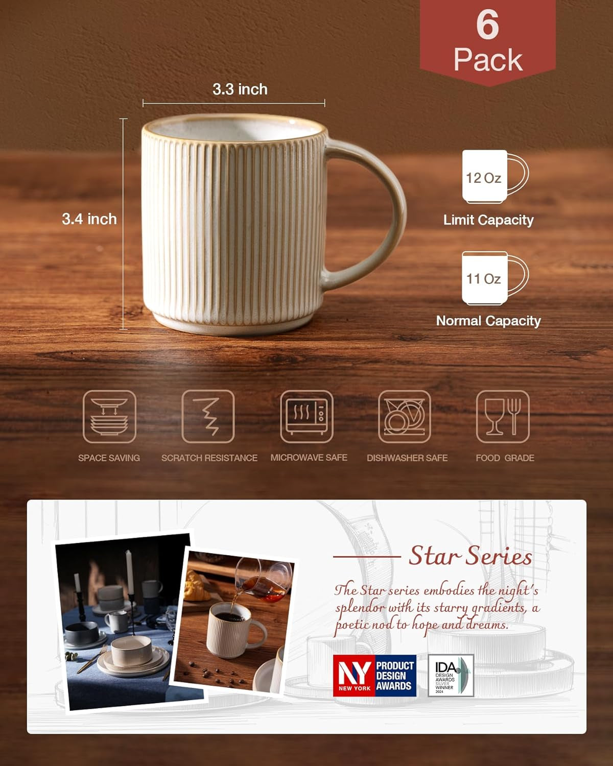 Coffee Mug Set for 6, Star 12 Oz Catering Mugs Cup Set with Handle for Coffee, Tea, Cocoa, Milk - Ceramic Stoneware Drinkware Set, Cappuccino White