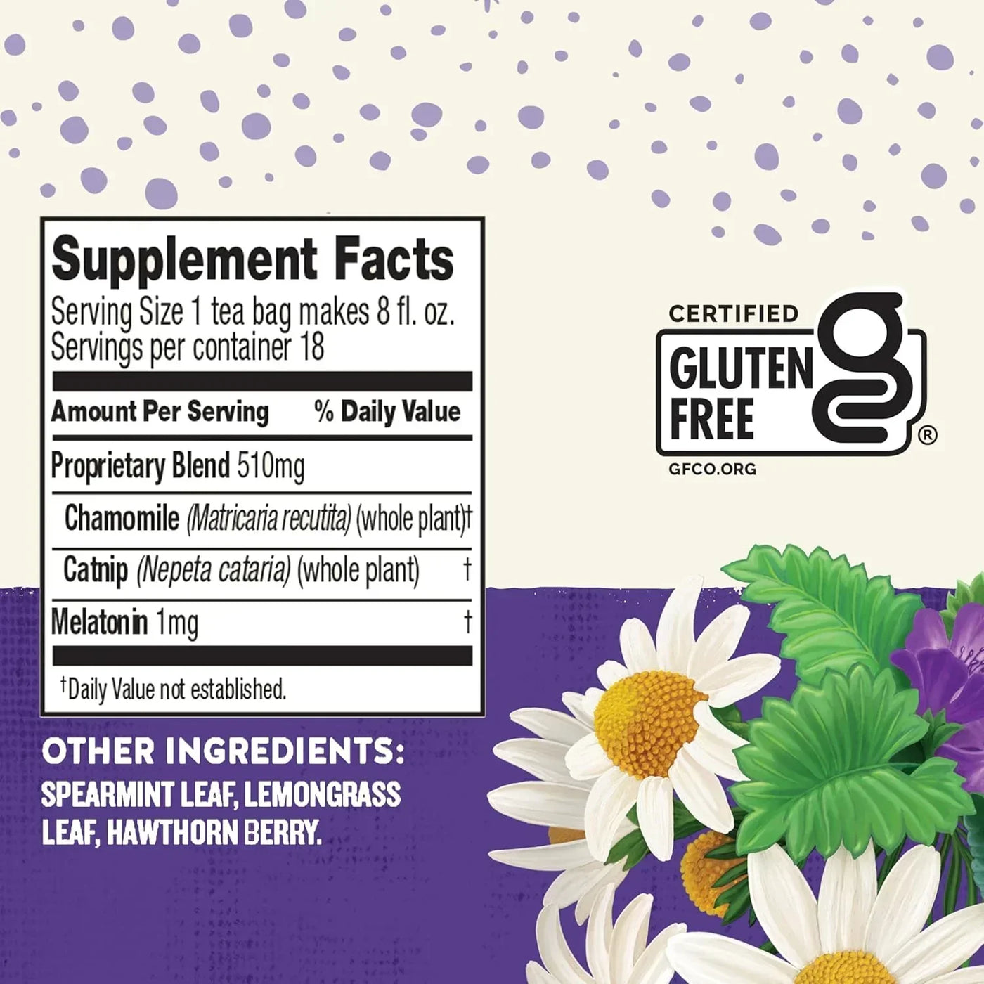 Gluten-free herbal tea blend with chamomile, catnip, melatonin, spearmint, lemongrass, hawthorn berry