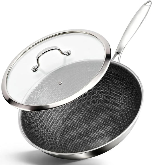 12.2" Tri-Ply Stainless Steel Wok with Glass Lid, Pro-Grade Honeycomb Hybrid Stir Fry Pan for Searing & Tossing, Uncoated Flat Bottom Chef Wok, Induction Compatible (31Cm)