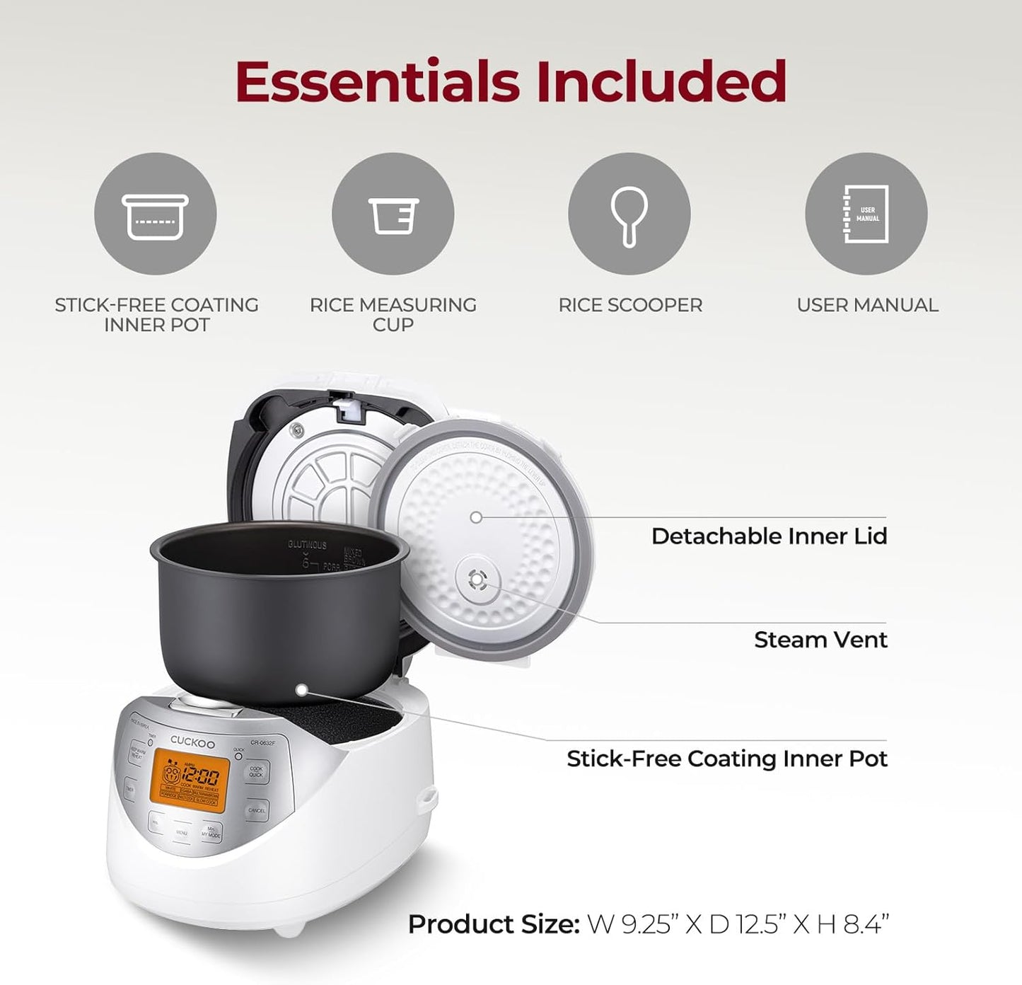 Micom Rice Cooker 6 Cup Uncooked / 12 Cup Cooked, Korean Fuzzy Logic Rice Cooker with Delay Timer & Keep Warm Setting, Versatile Food Steamer with Non-Stick Inner Pot, Silver (CR-0632F)
