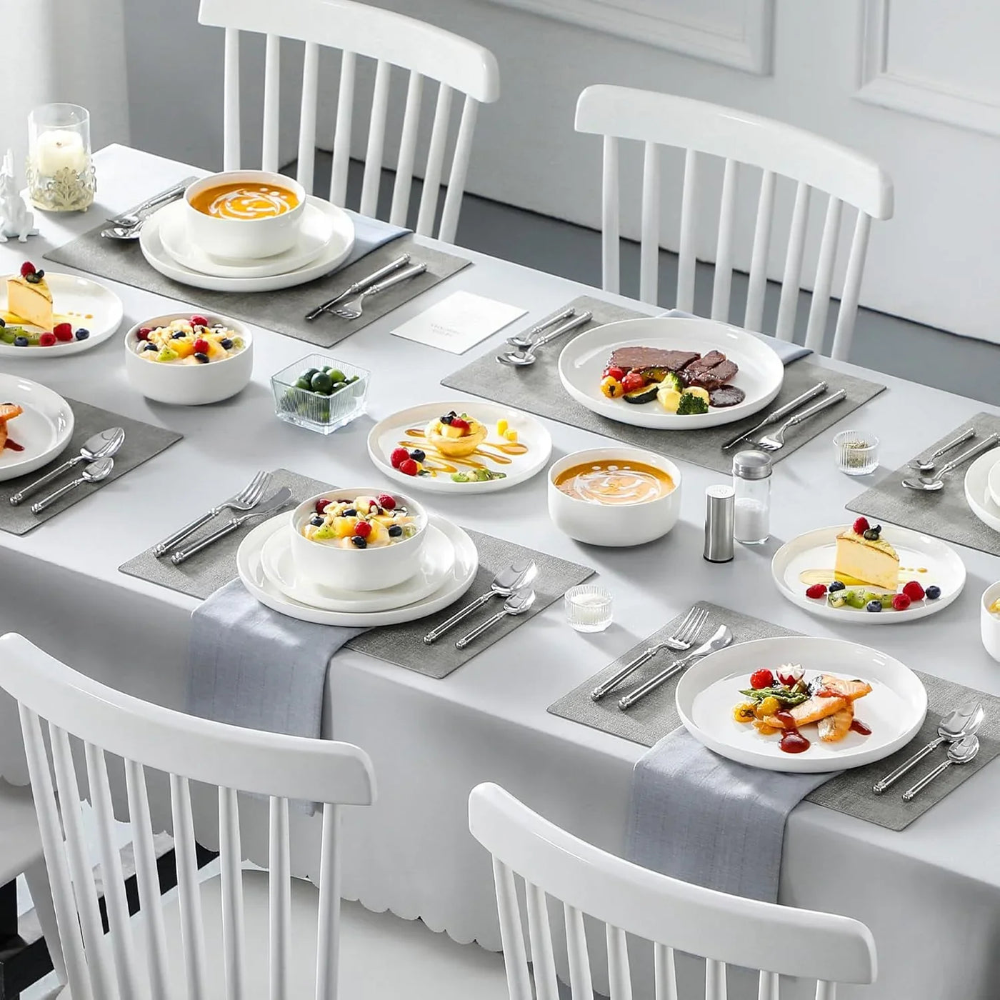 Plates and Bowls Sets, 18 Pieces Porcelain Dinnerware Sets Dishware Sets Chip Resistant Ceramic Dish Set Dining Dinner Ware Service for 6, White, Series LUNA
