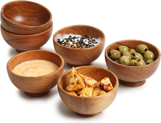 Set of 6 Acacia Wood Small Bowls, 4 Fl Oz 3.2 * 2 Inches | Hand Carved Small Dipping Bowls for Sauce, Salsa. Little Bowls for Ingredient Prep, Spices | Charcuterie Boards Accessories