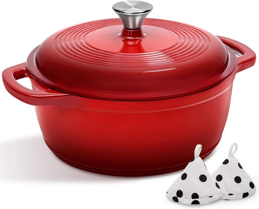 Enameled Cast Iron Dutch Oven Pot with Lid -  5QT Dutch Oven for Bread Baking with Cotton Potholders - Heavy-Duty Cookware for Braising, Stew, Roasting, Oven Safe up to 500°F, Red